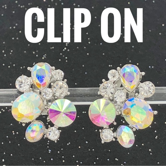 Fashion Jewelry Jewelry - AB Iridescent Cluster Rhinestone Clip On Earrings